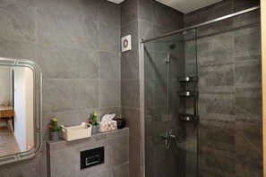 Douche, sèche-cheveux, serviettes fournies, savon