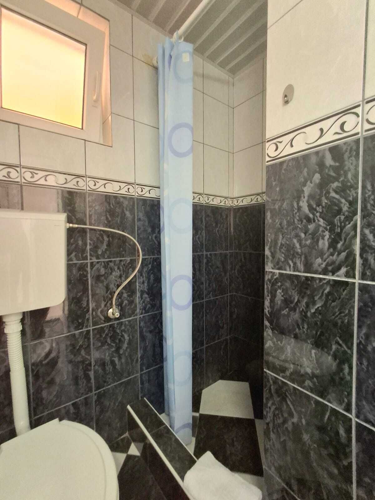 Une salle de bain avec des toilettes, une douche avec un rideau bleu et des carreaux de marbre.