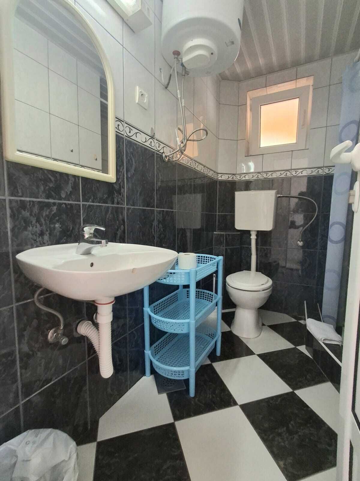 A bathroom with a white sink, a toilet, and a shower area.