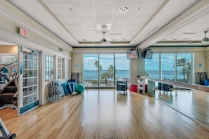 A spacious gym with exercise equipment, large windows offering a view of the ocean, and an exit sign on the wall. - Portofino Island Resort 1-1708 (Pensacola Beach)