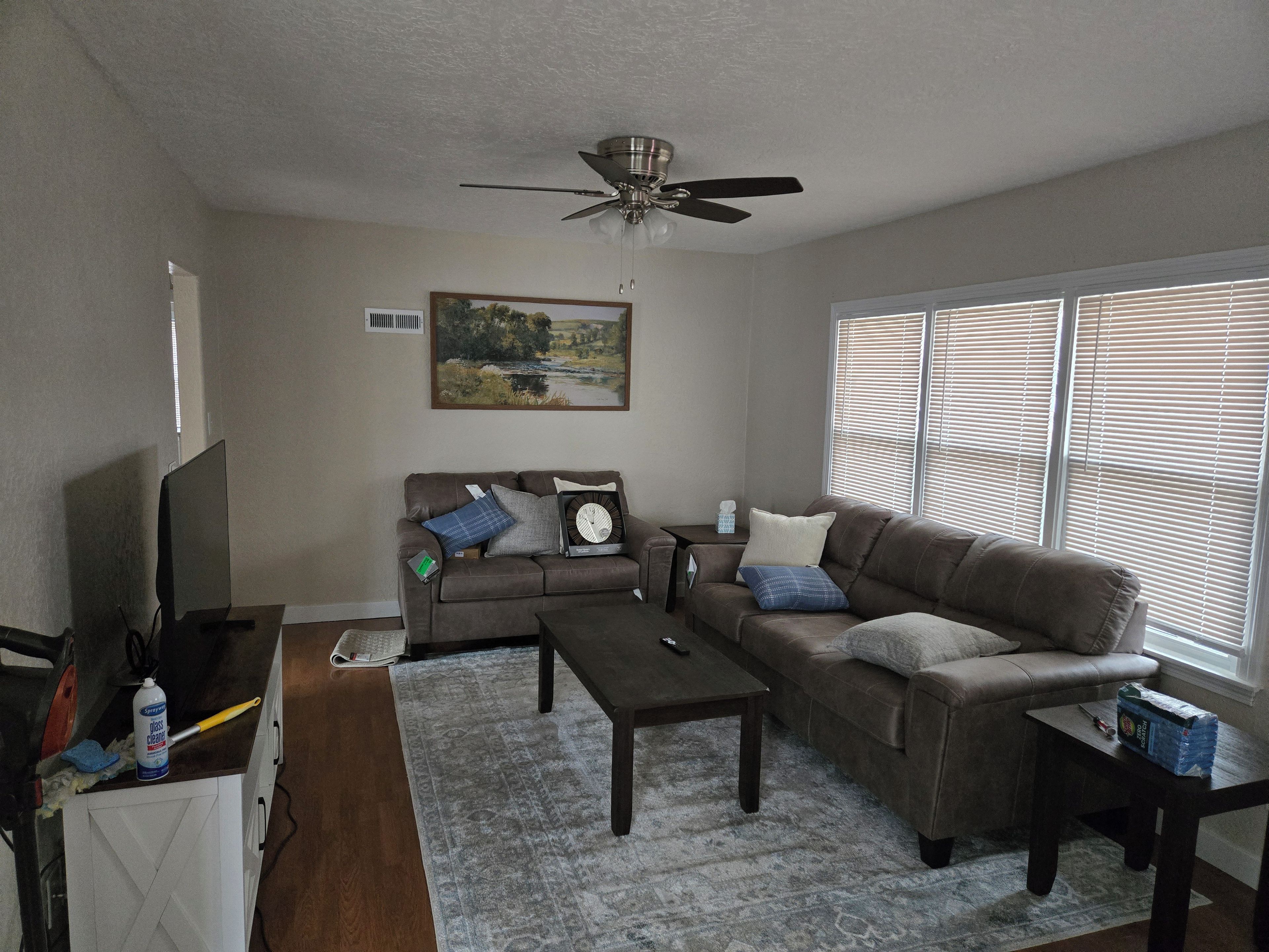 A living room with a ceiling fan, a sofa, a coffee table, and a TV.