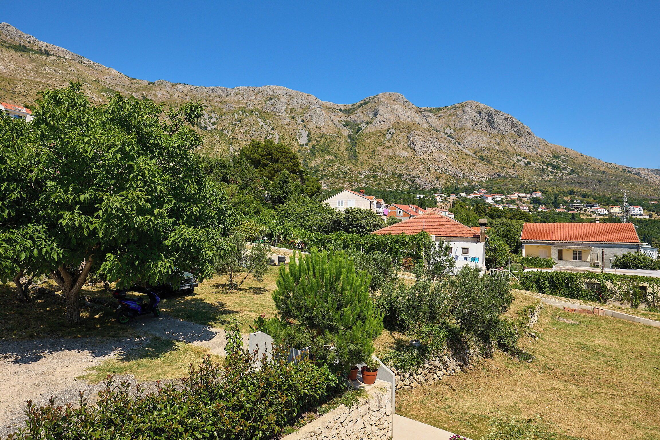 A hillside village with houses, a tree-lined path, and a mountain backdrop.