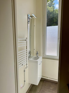 Shower, towels, soap, toilet paper