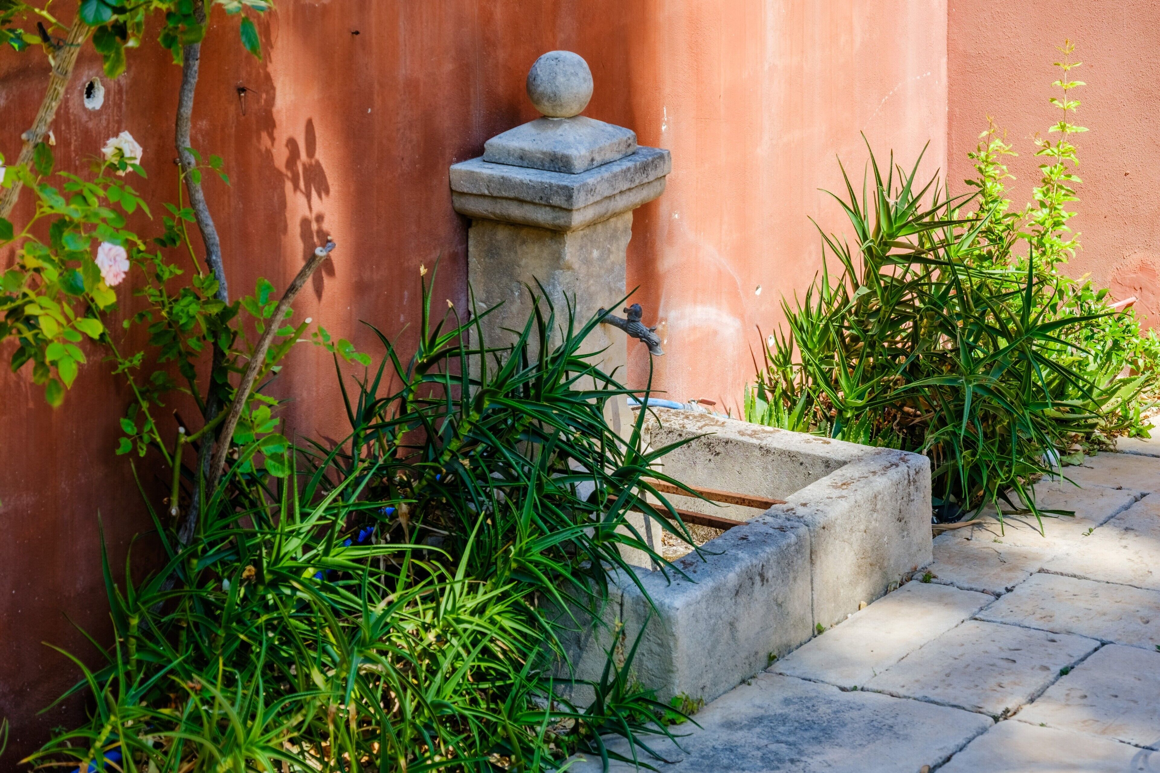 A stone planter box with a decorative stone top, surrounded by green plants and a red wall.