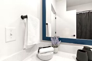 Hair dryer, towels, soap, toilet paper