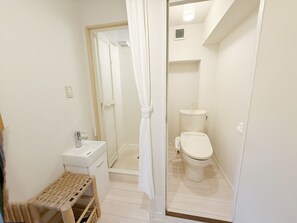 Shower, jetted tub, hair dryer, bidet