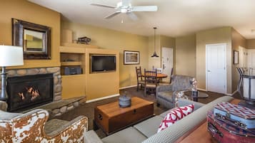 Télévision, cheminée, lecteur de DVD, vidéothÚque