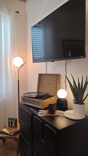 A room with a flat-screen TV mounted on the wall, a turntable with a record player, a small cactus plant, and a stack of books.