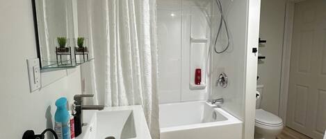 Hair dryer, towels, soap, toilet paper