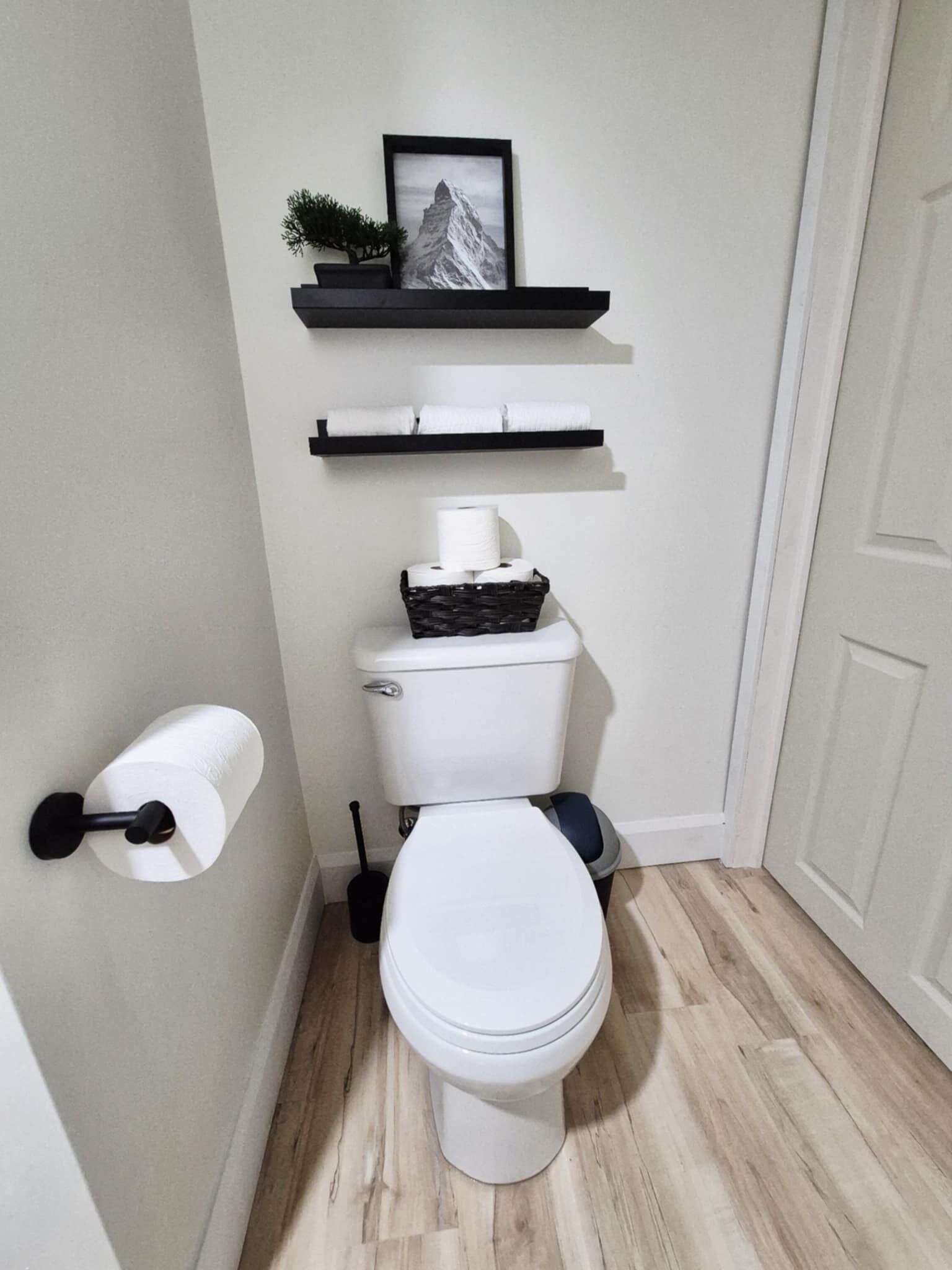 A compact bathroom with a white toilet, a black toilet brush, a toilet paper holder, and a framed picture on a black shelf above the toilet.