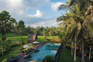 A pool with lounge chairs, a wooden deck, and palm trees.
