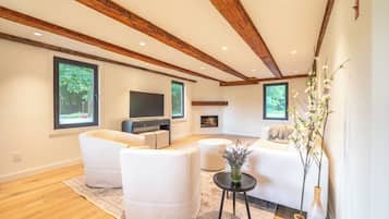 TV connectée, cheminée, livres