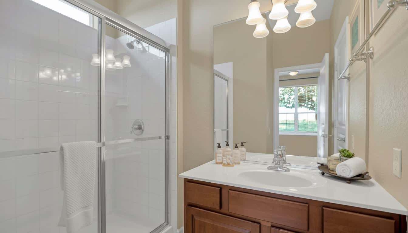 A modern bathroom with a glass shower enclosure, a large mirror, and a vanity with a sink and cabinets.