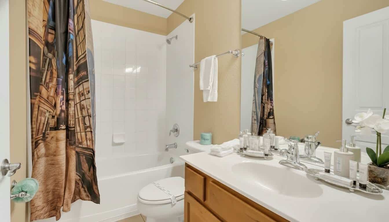 A bathroom with a shower, toilet, and sink with toiletries.