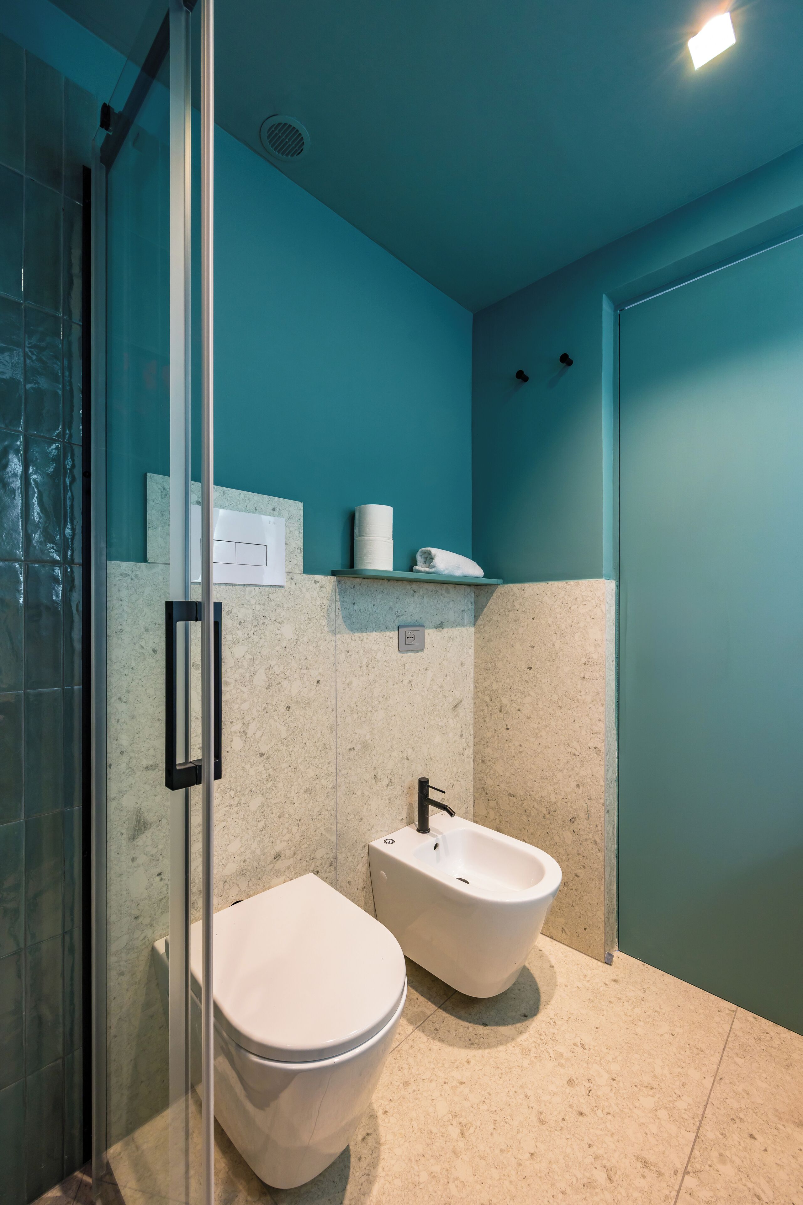 A modern bathroom with a glass shower enclosure, a white toilet, and a bidet.