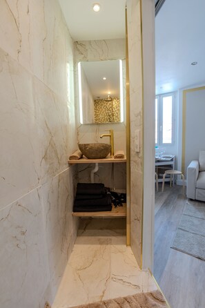 Secador de cabelo, toalhas de banho, sabonete, papel higiênico