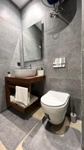 Een douche, een haardroger, een bidet, zeep