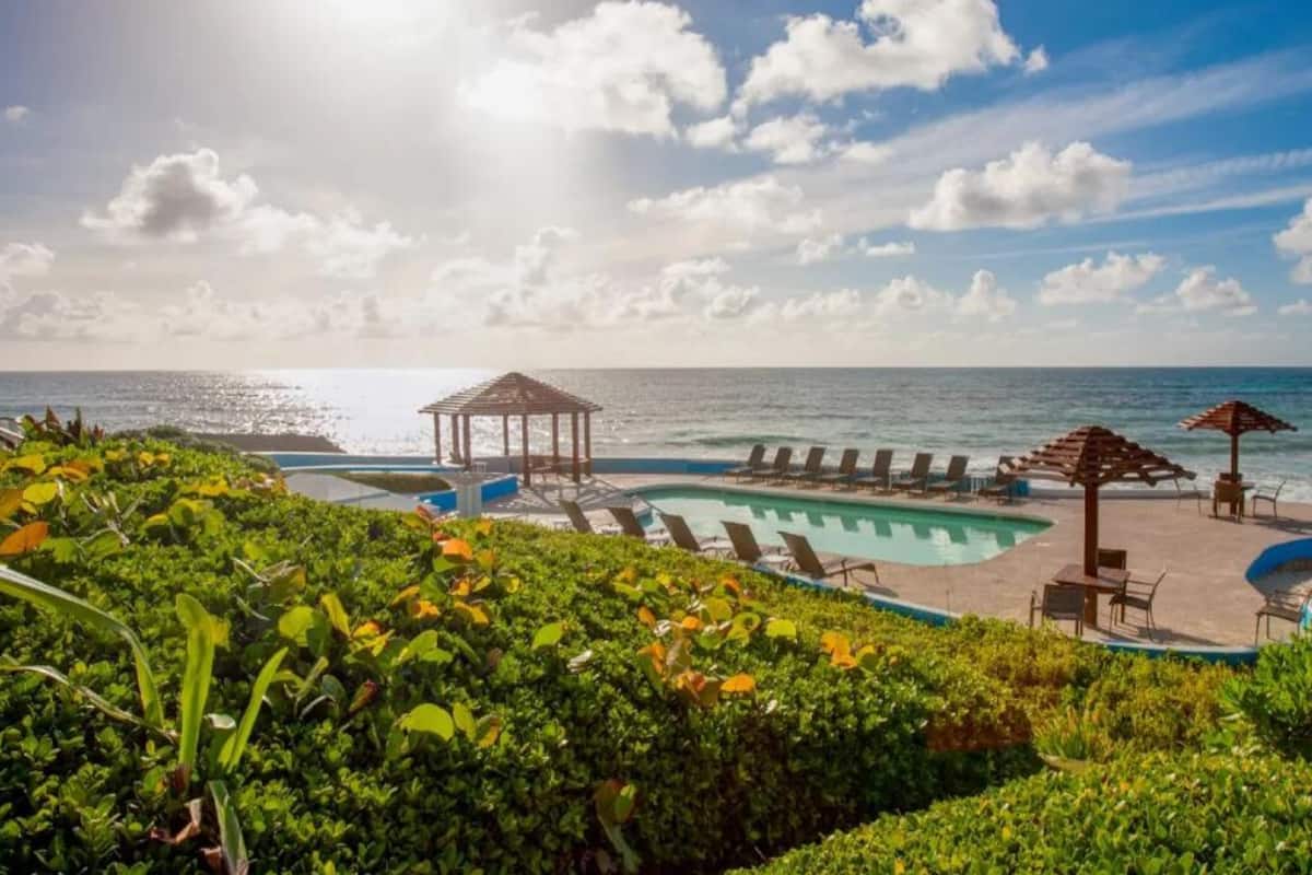 A pool area with lounge chairs and umbrellas, surrounded by greenery and overlooking the ocean.