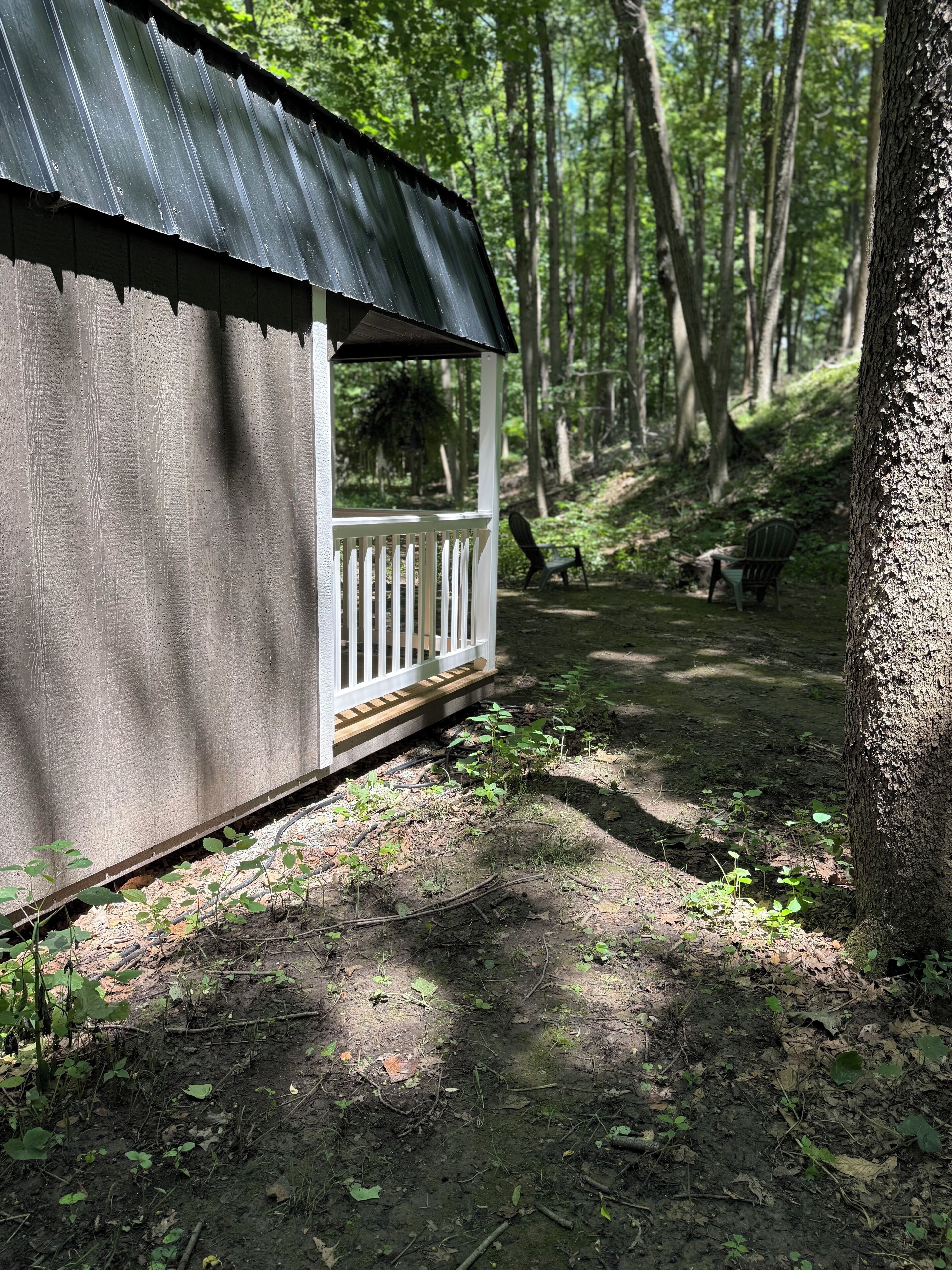A small wooden cabin with a porch, surrounded by a forested area with benches and a dirt path.
