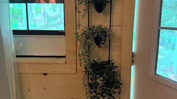 A room with wooden walls, a window, and a wall-mounted plant holder with two plants.