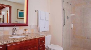 Hair dryer, towels, soap, shampoo