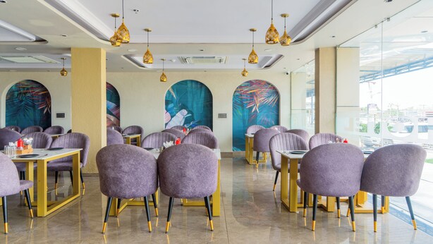 Un restaurante con sillas moradas, patas doradas y lámparas colgantes doradas.
