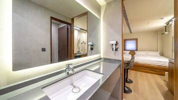 Hair dryer, soap, shampoo, toilet paper