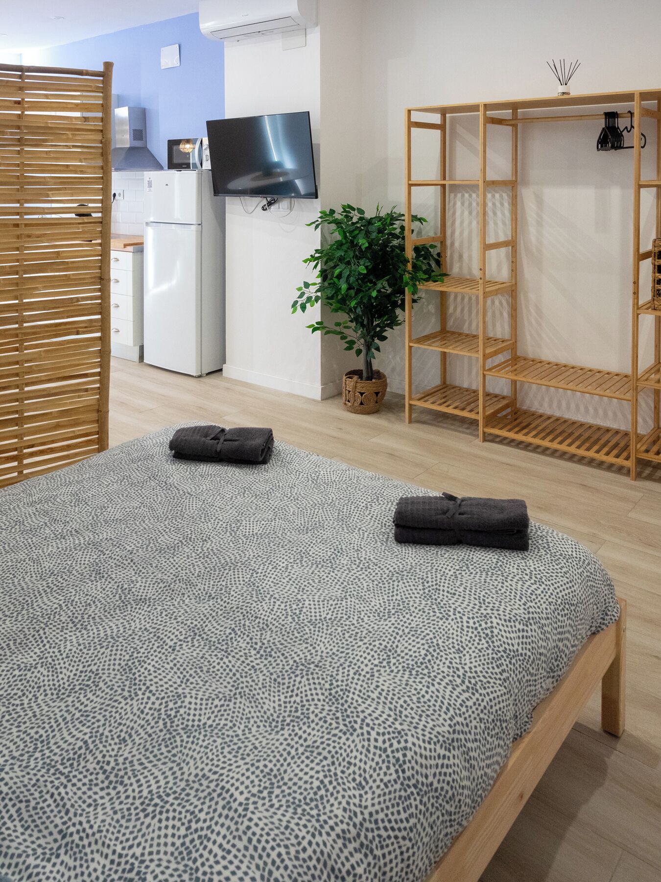 A modern hotel room with a bed, a television, a plant, and a wooden wardrobe.