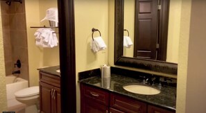 Hair dryer, towels, soap, shampoo