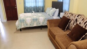 A bedroom with a bed, a sofa, and a door.