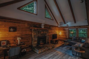 Smart-tv, een open haard, boeken en een muziekbibliotheek