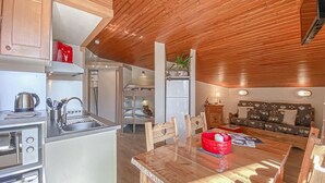 A compact kitchen with wooden ceiling, a dining area with a table and chairs, and a sofa in the living area. - 10m from ski slopes, Ground floor, terrace, 27m², Aussois (Aussois)