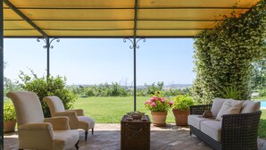 Un patio al aire libre con mobiliario de mimbre, una planta en maceta y vistas del paisaje.