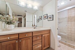 Shower, hair dryer, shampoo