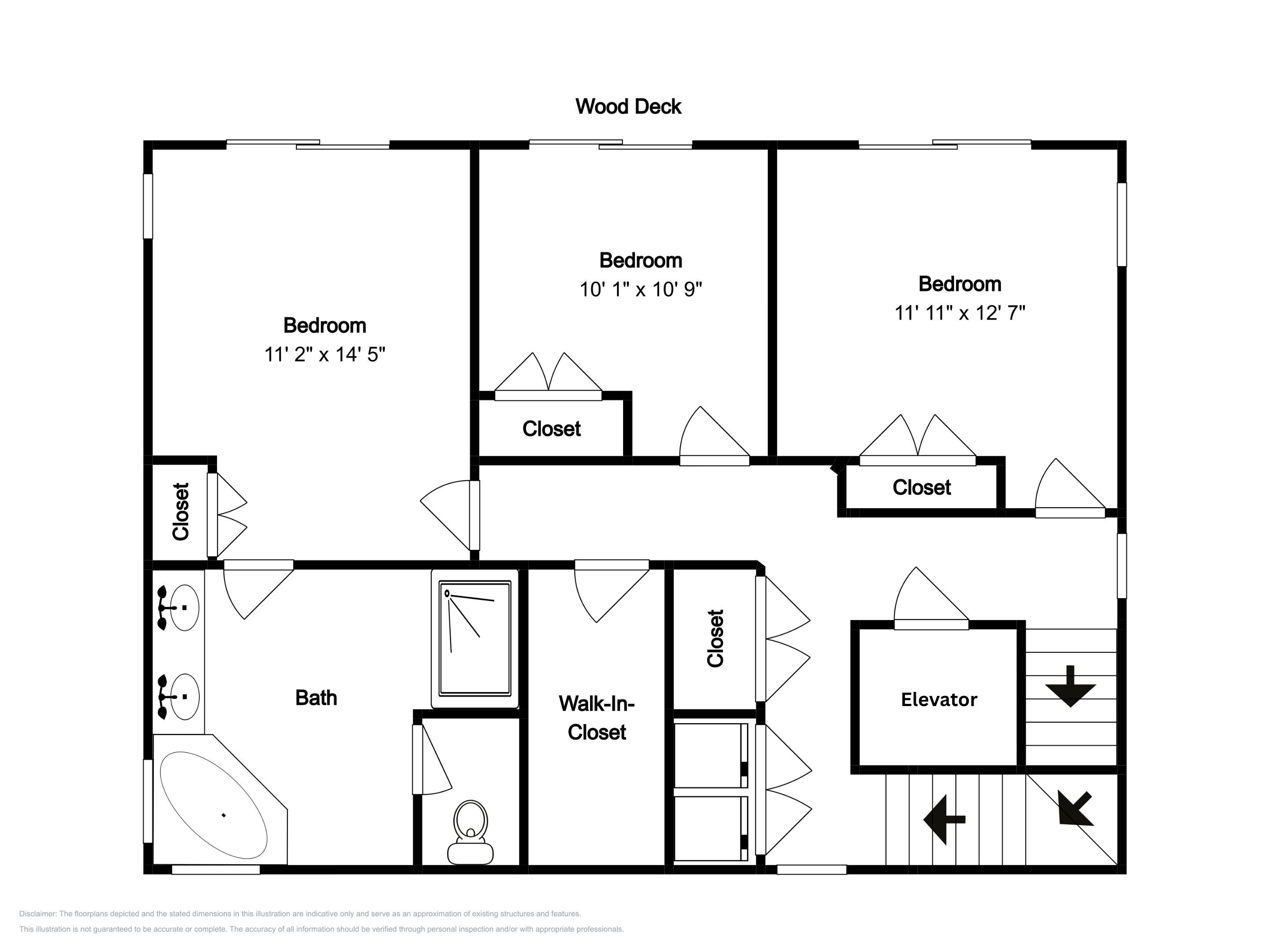 A floor plan with two bedrooms, a walk-in closet, a bath, and an elevator.