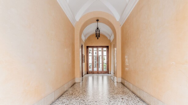 A hallway with a terrazzo floor, arched ceiling, and a wooden door at the end.