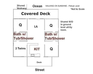A hotel layout with a covered deck, two twin rooms, a shared bathroom, and a utility room. - Walking on Sunshine by Topsail Realty (Holly Ridge)