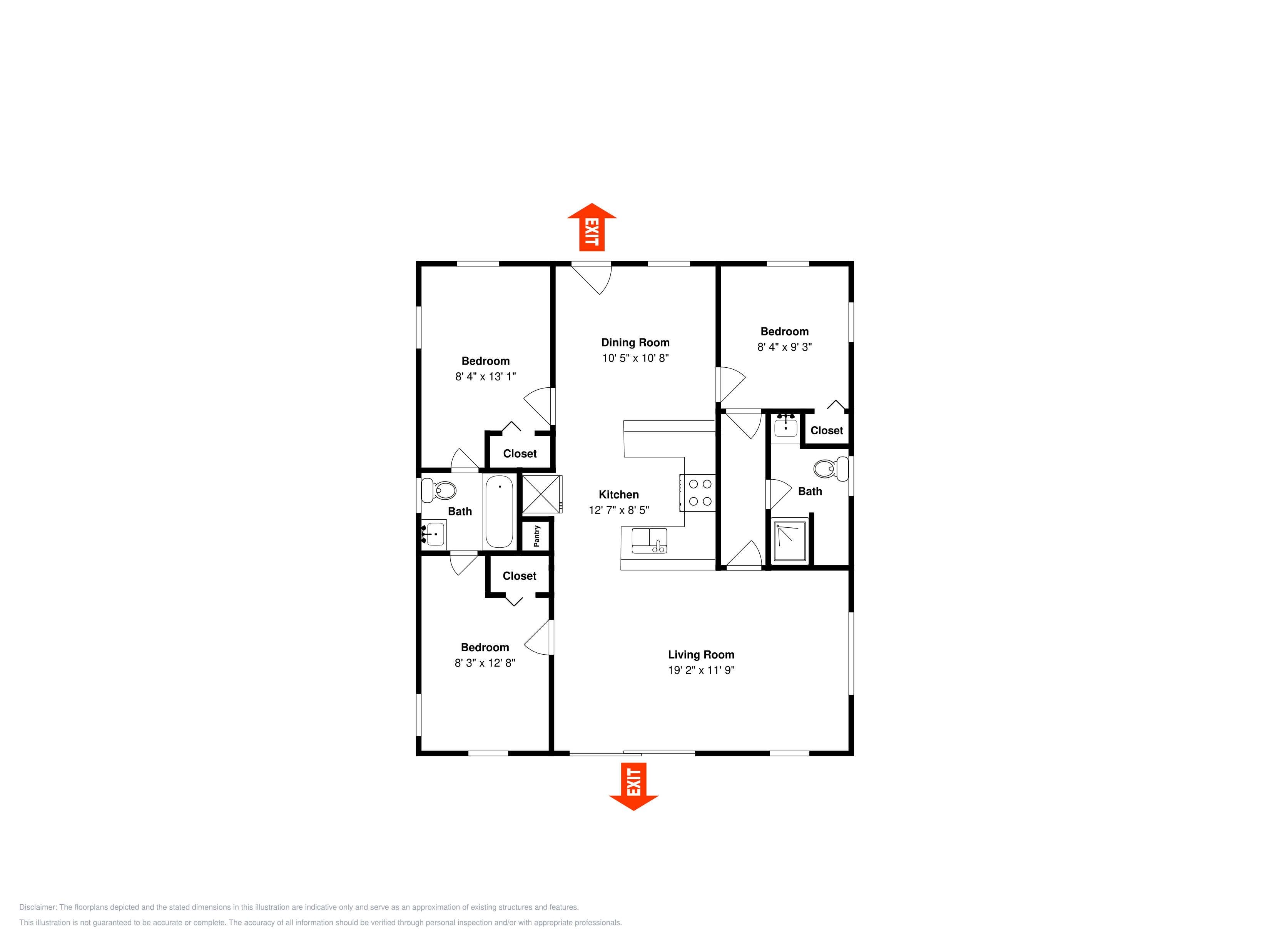 Un plan d’étage comprenant deux chambres, une salle à manger, une cuisine, une salle de bain et un salon.