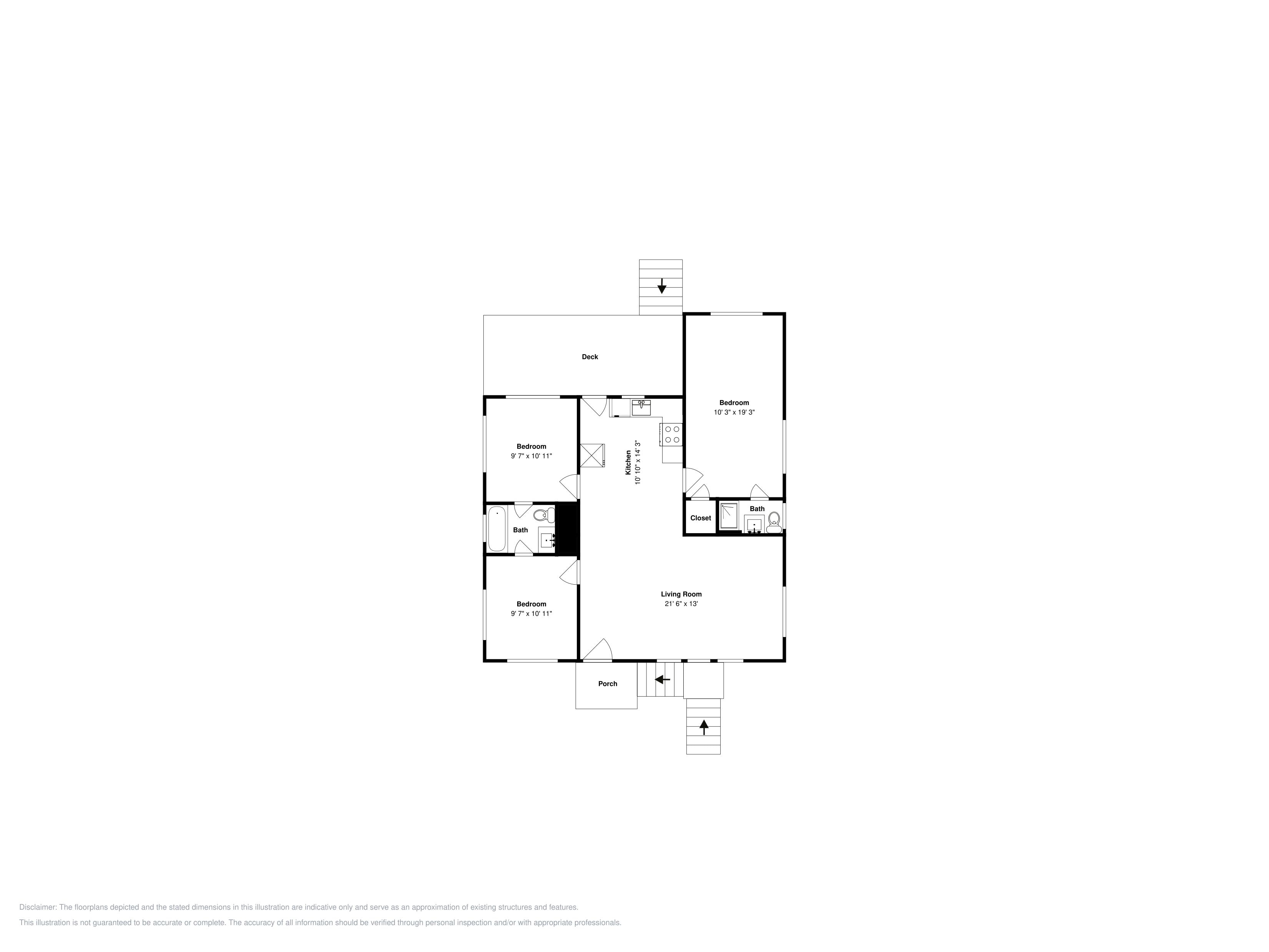 A floor plan with a bedroom, bathroom, kitchen, living room, and porch.