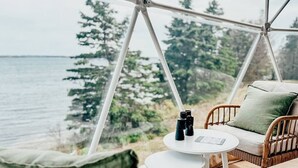 Un espace extérieur accueillant, aménagé avec des meubles en osier et une petite table, offrant une vue sur un paysage boisé et un plan d’eau.