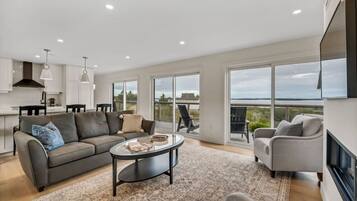 Smart TV, fireplace, books