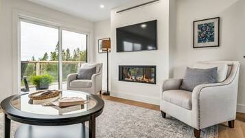 Smart TV, fireplace, books