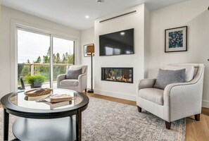 Smart TV, fireplace, books