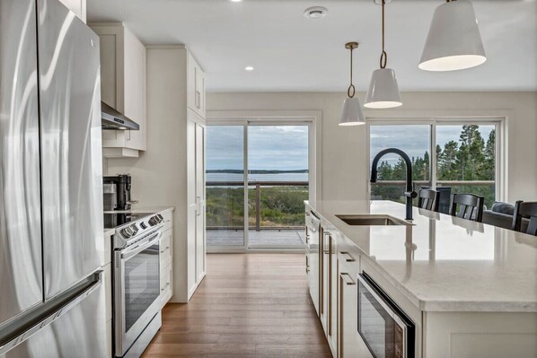 Een moderne keuken met een groot eiland, roestvrijstalen apparatuur en uitzicht op de omgeving.
