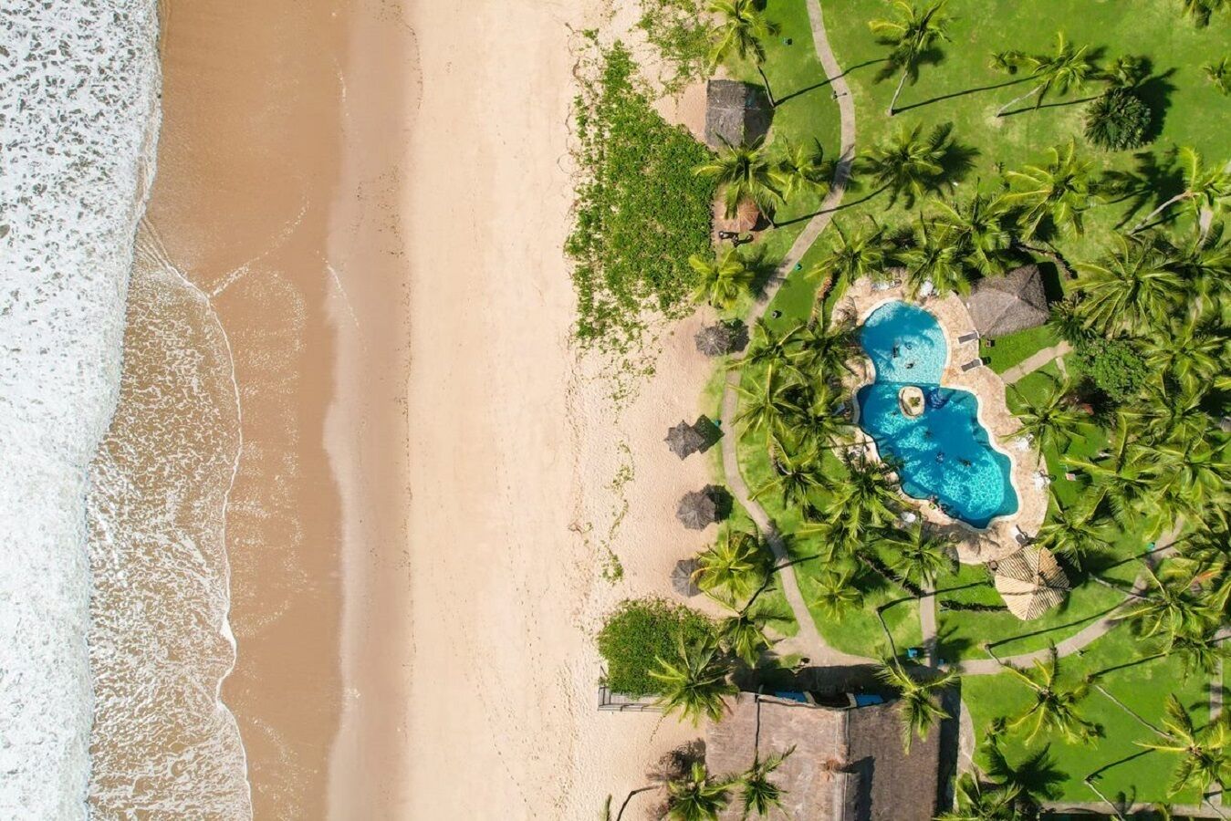 An aerial view of a beach resort with a swimming pool surrounded by palm trees and a sandy beach.