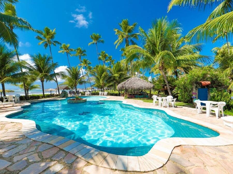 A swimming pool with a curved edge, surrounded by palm trees and a clear blue sky.