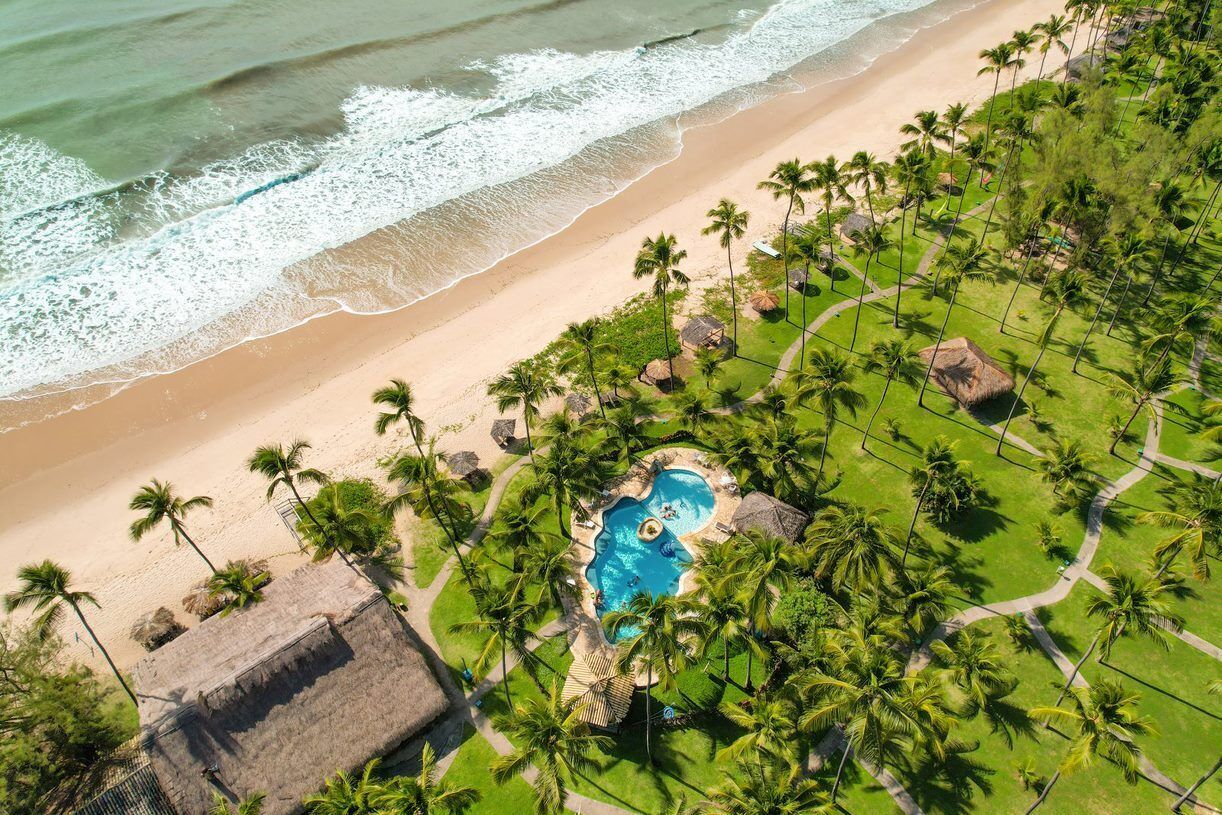 An aerial view of a resort with a beach, palm trees, and a swimming pool.