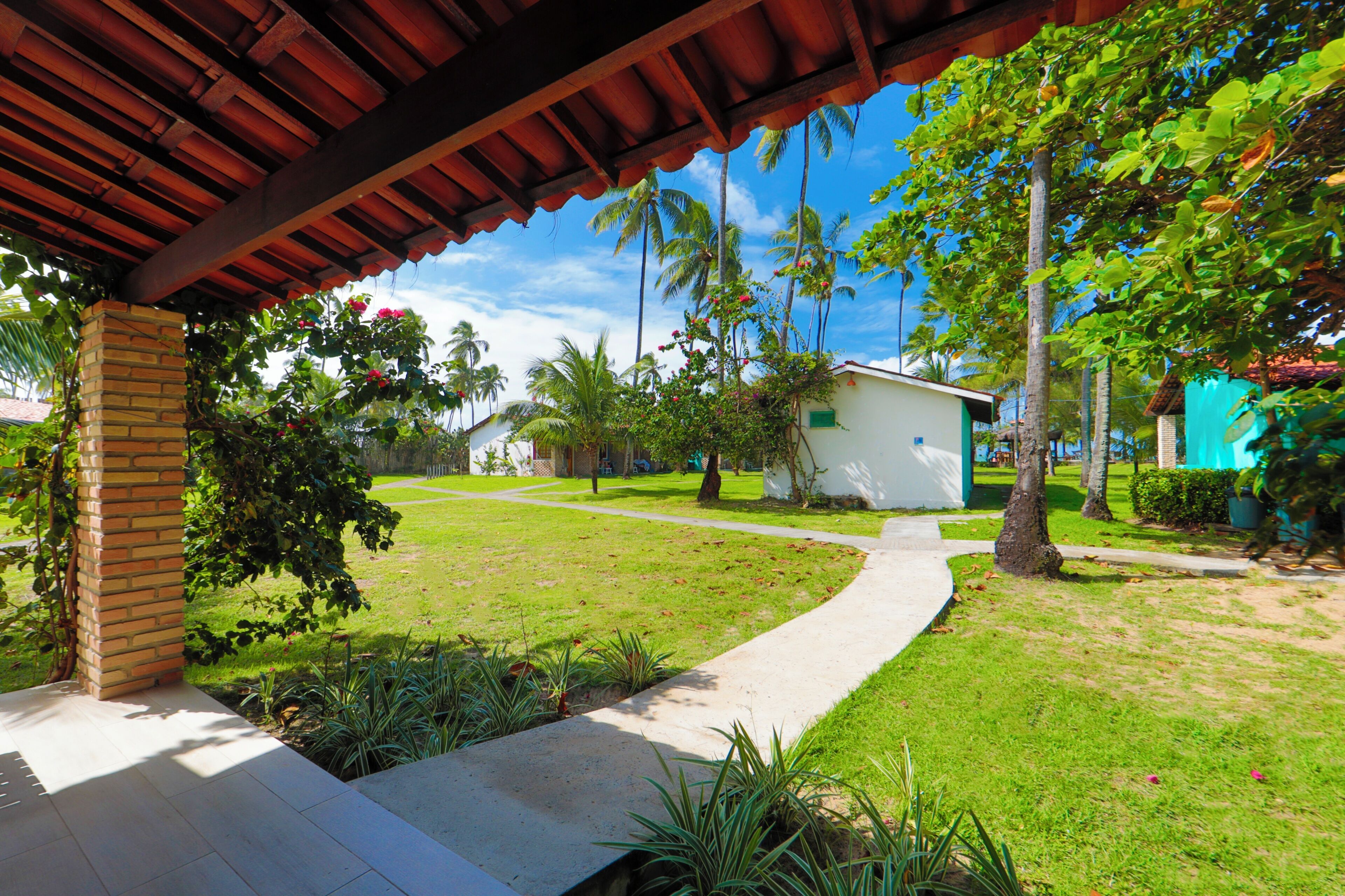A covered patio area with a brick pillar, a concrete pathway, and a lawn with palm trees and shrubs.