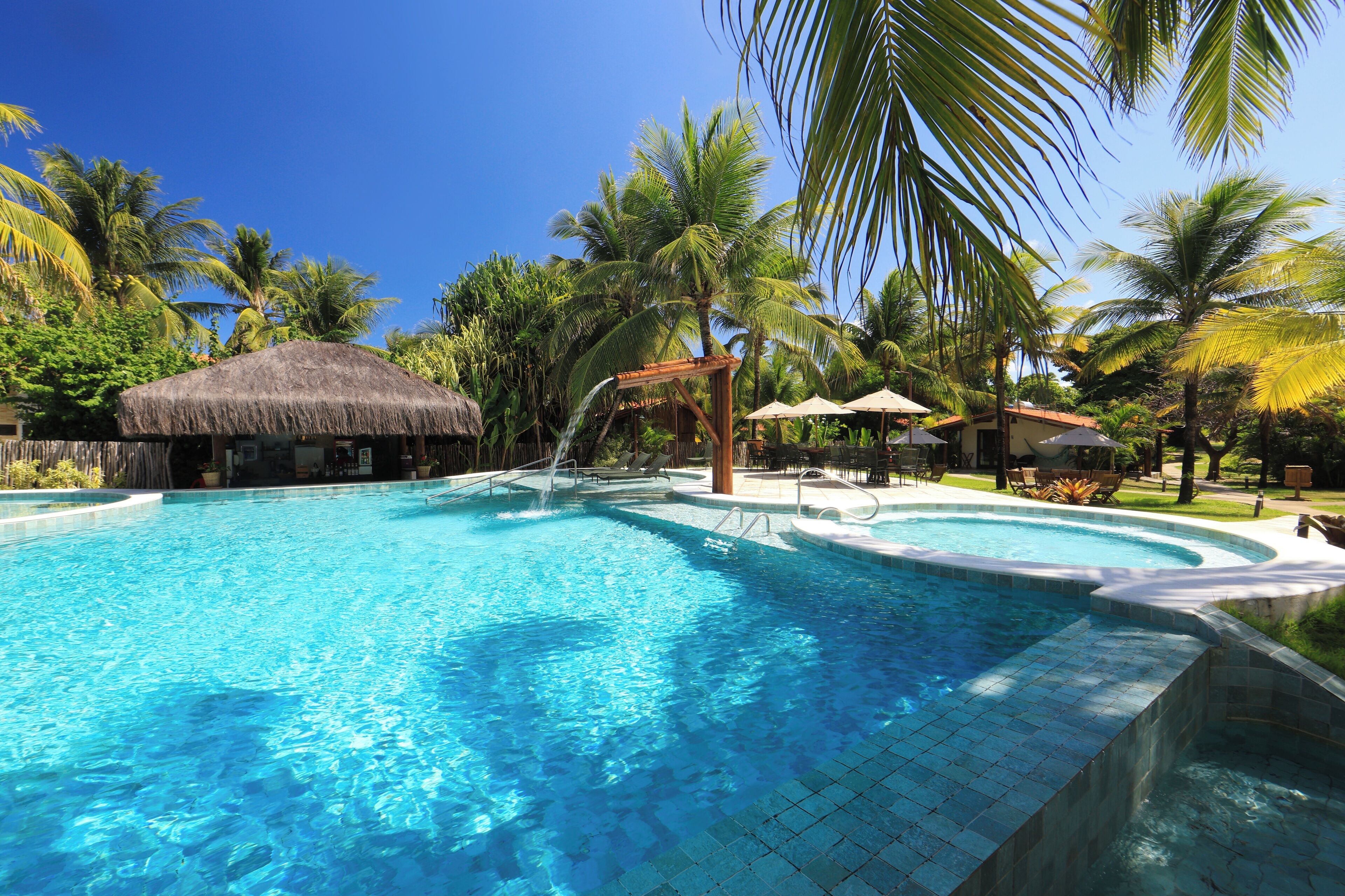 Una piscina azul cristalina con una estructura de techo de paja, rodeada de palmeras y sombrillas.