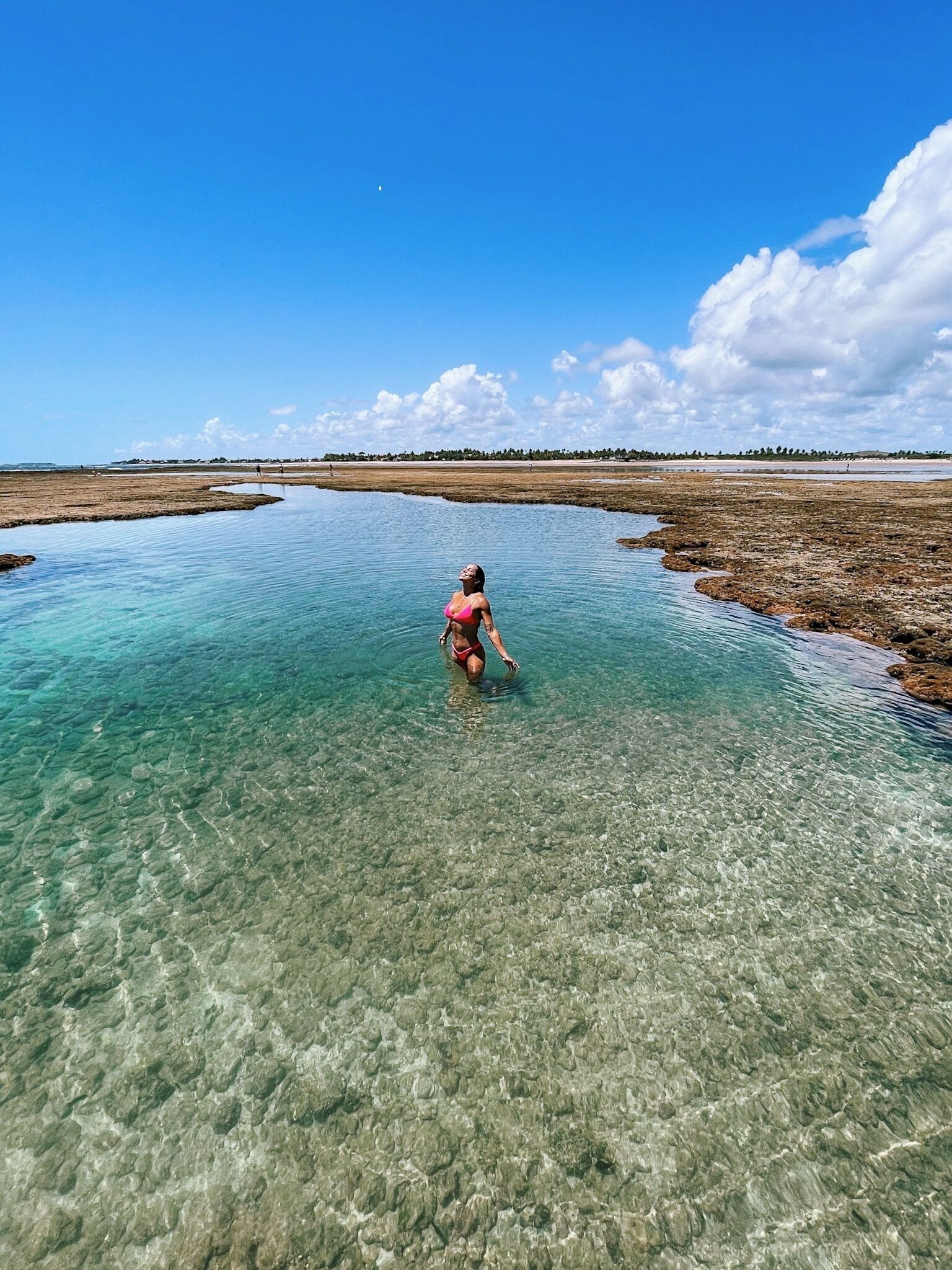 A person in a pink swimsuit standing in clear shallow water with a distant shoreline and trees under a blue sky.